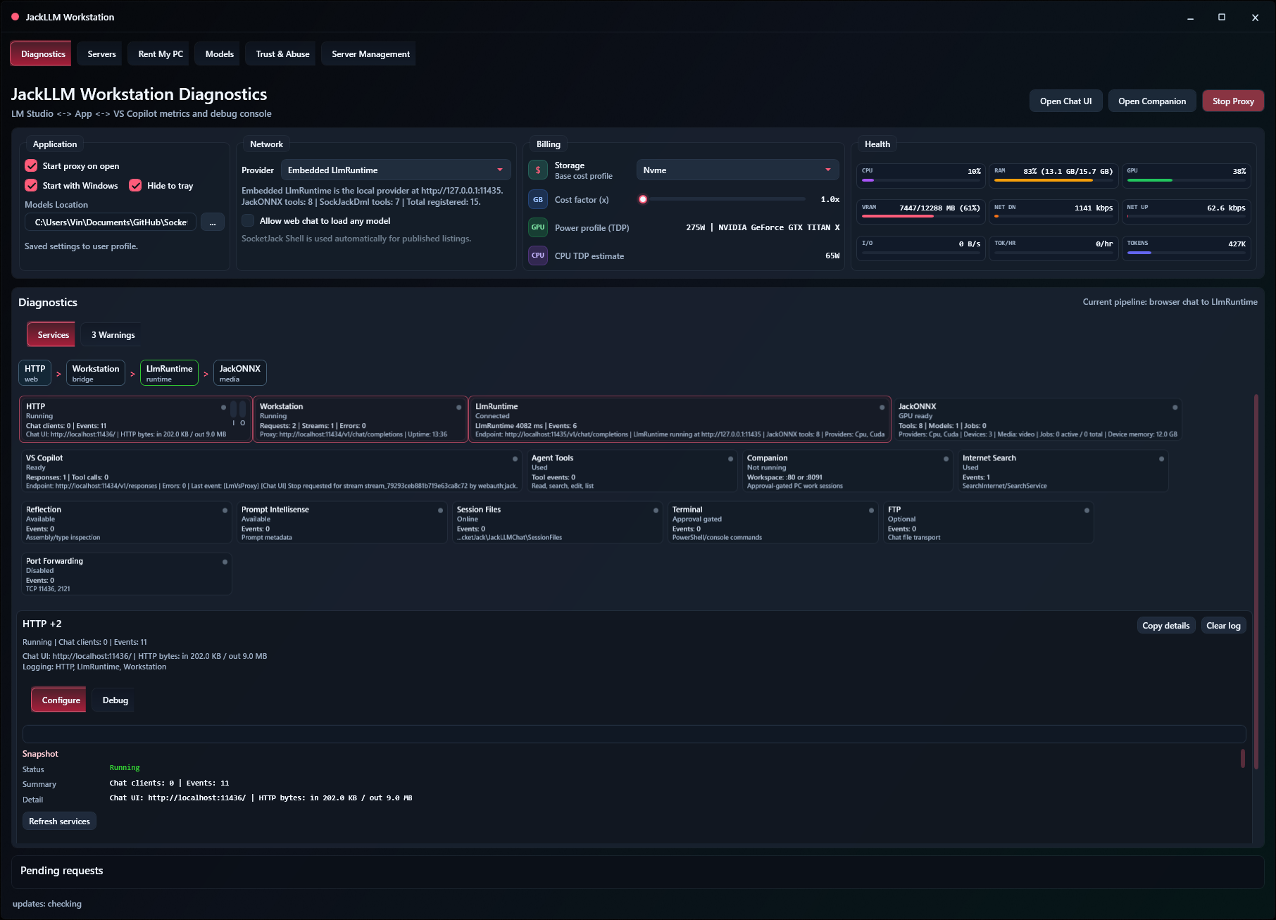Jack LLM Workstation main diagnostics application with proxy controls, runtime provider, health metrics, and service status cards