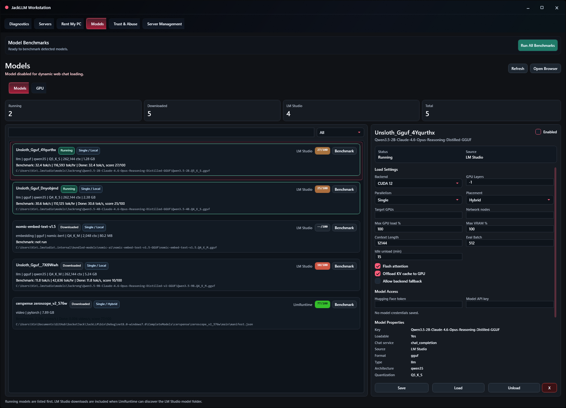 Jack LLM Workstation Models tab showing running models, benchmarks, and GPU load settings