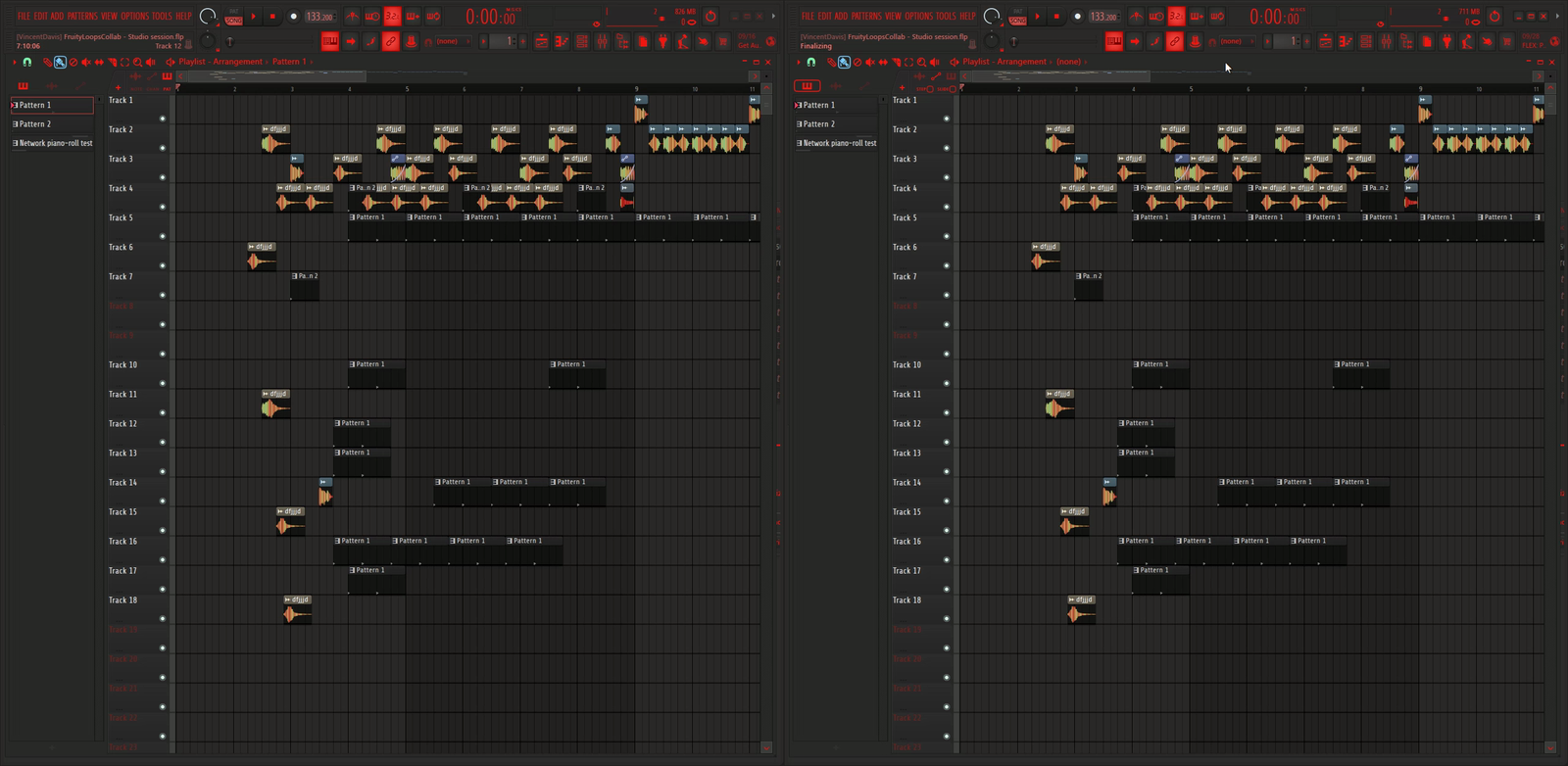 Two connected FL Studio playlists updating as clips are placed and moved in either instance.