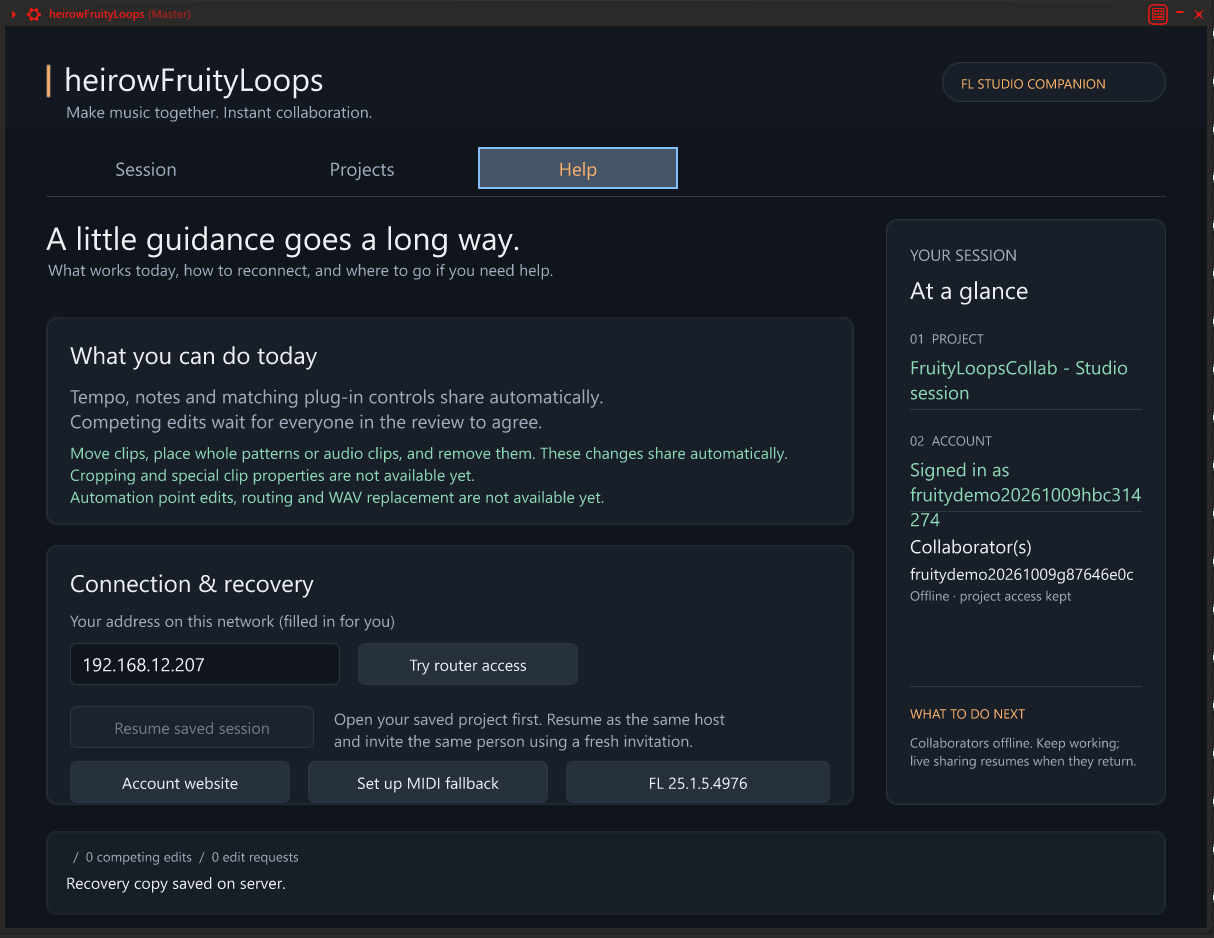 Development Help screen with editing limits, connection and recovery guidance; the collaborator is offline.
