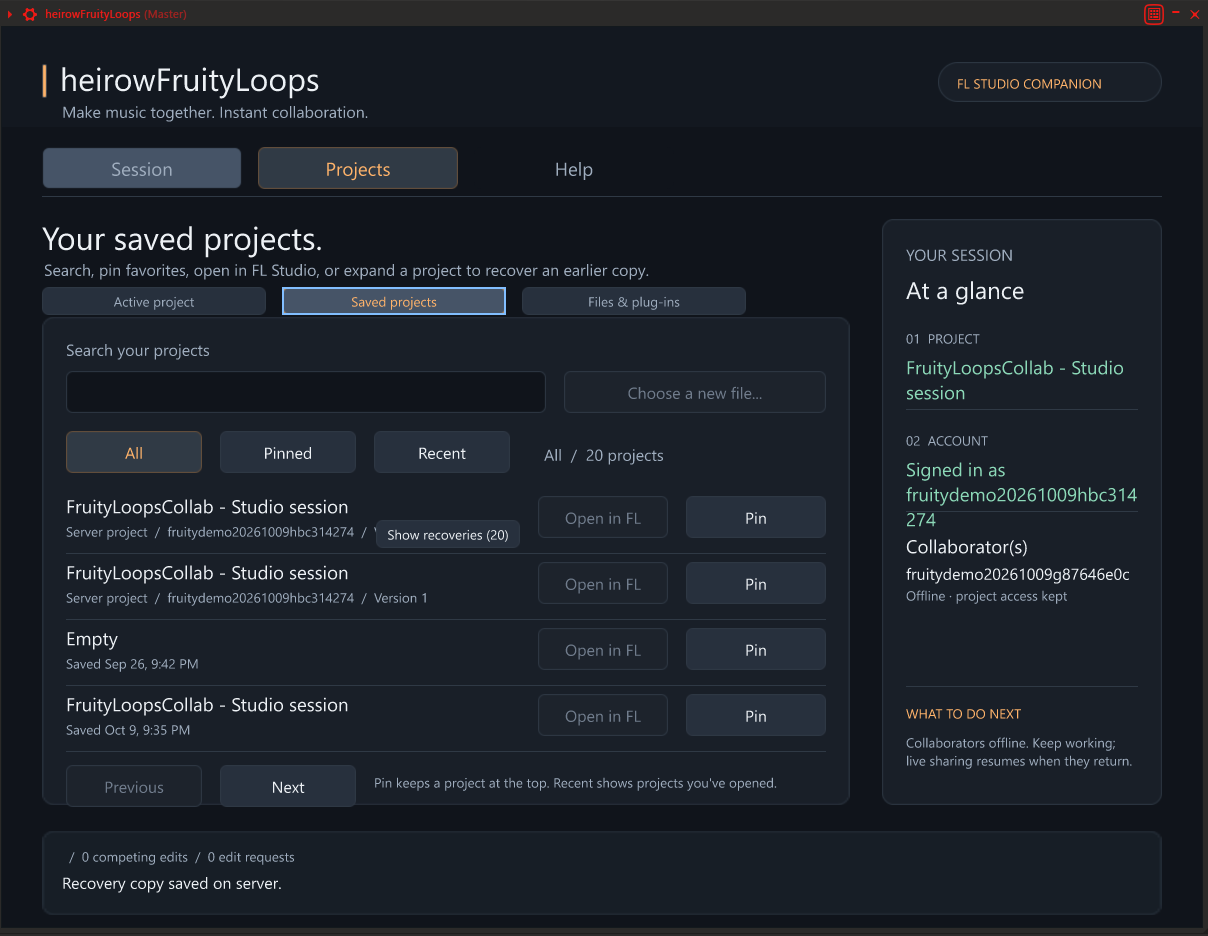 Saved projects view with search, pinned and recent filters, and recovery copies; the collaborator is offline.