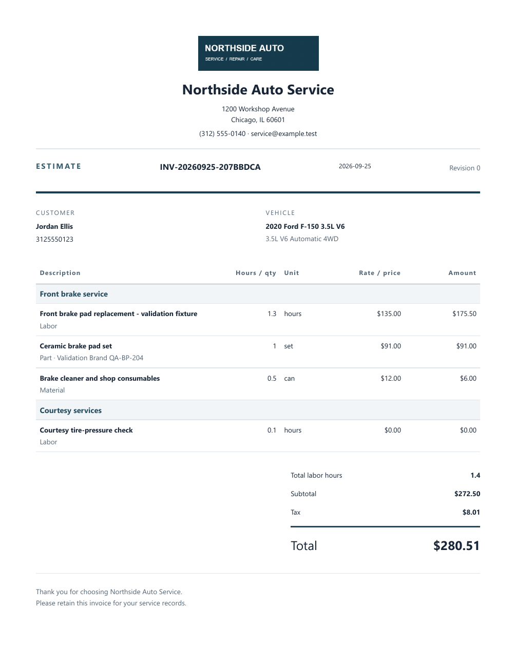 Branded estimate with parts, labor, and totals