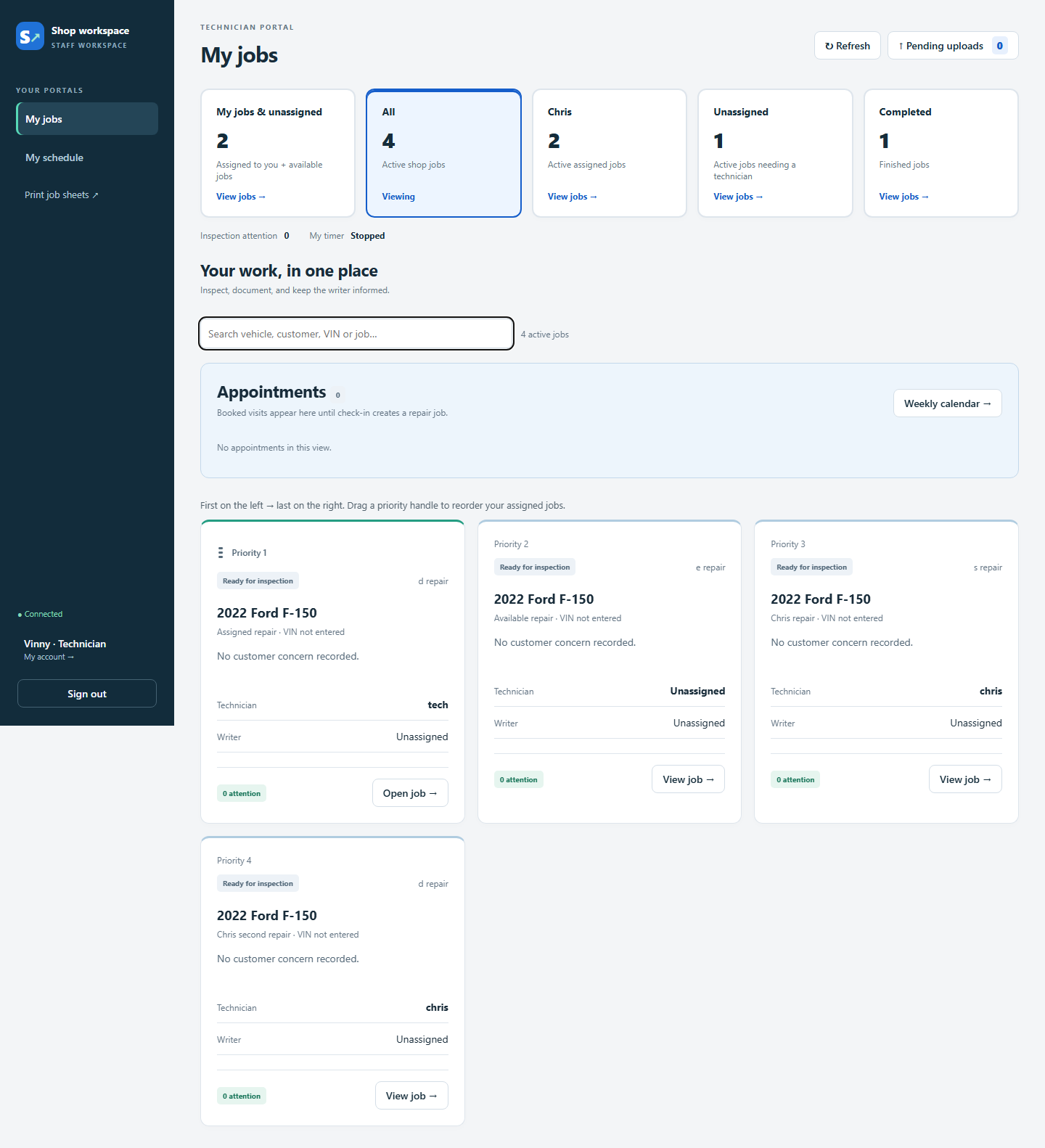 Technician workspace with job filters and assigned work