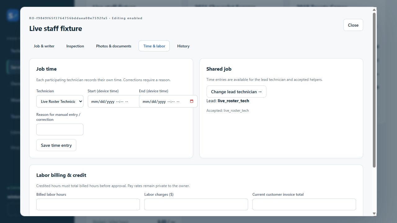 Job time entries, shared technicians, and labor billing