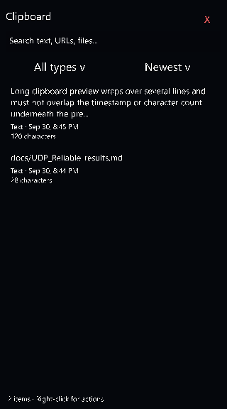Clipboard history test window with sample entries