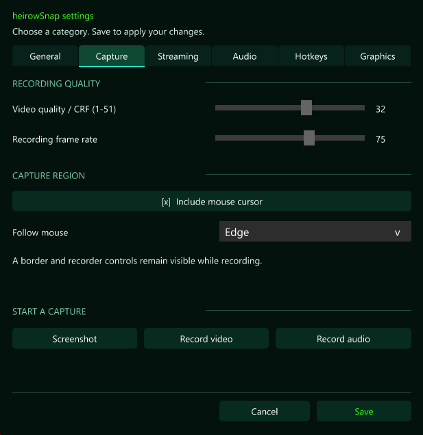 Current heirowSnap settings — Capture tab