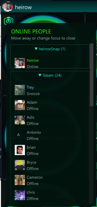heirowSnap desktop people panel with heirowSnap and Steam contacts