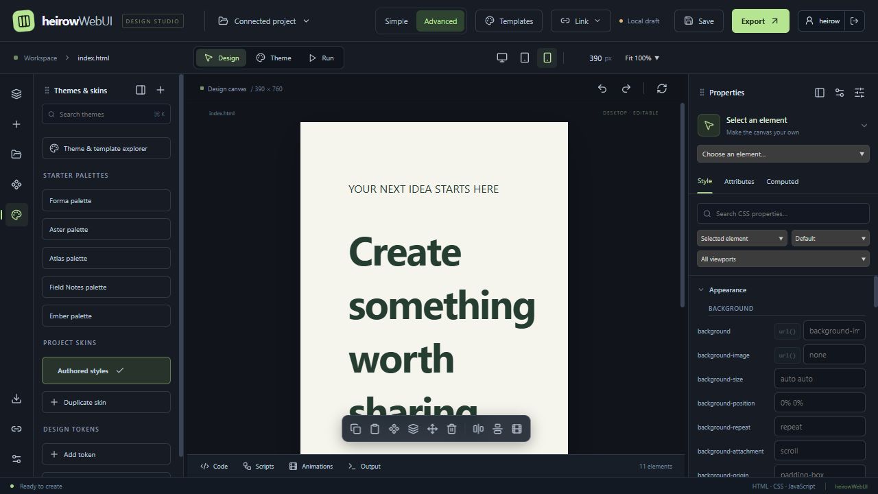 Desktop, tablet and mobile previews in the connected sample project