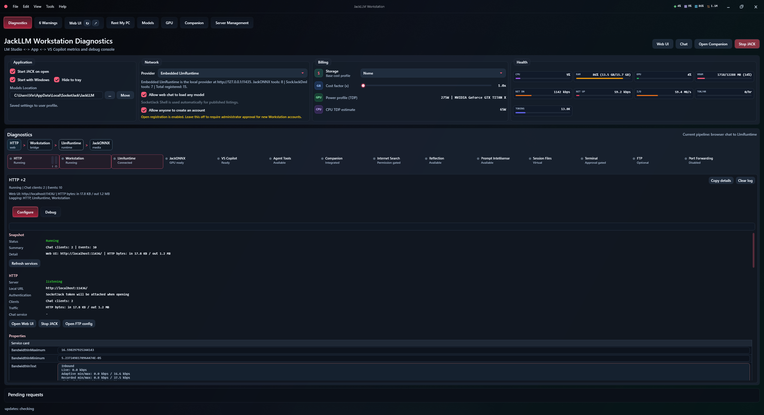 Diagnostics and service health — application documentation screenshot