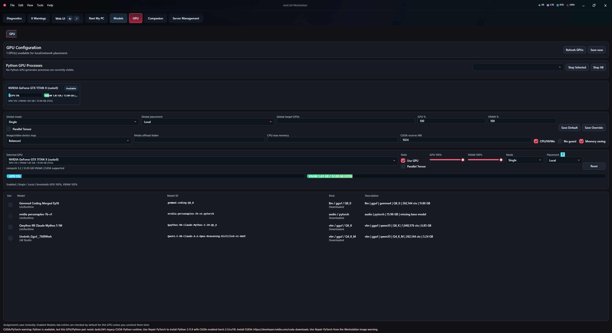 GPU placement and resource controls — application documentation screenshot